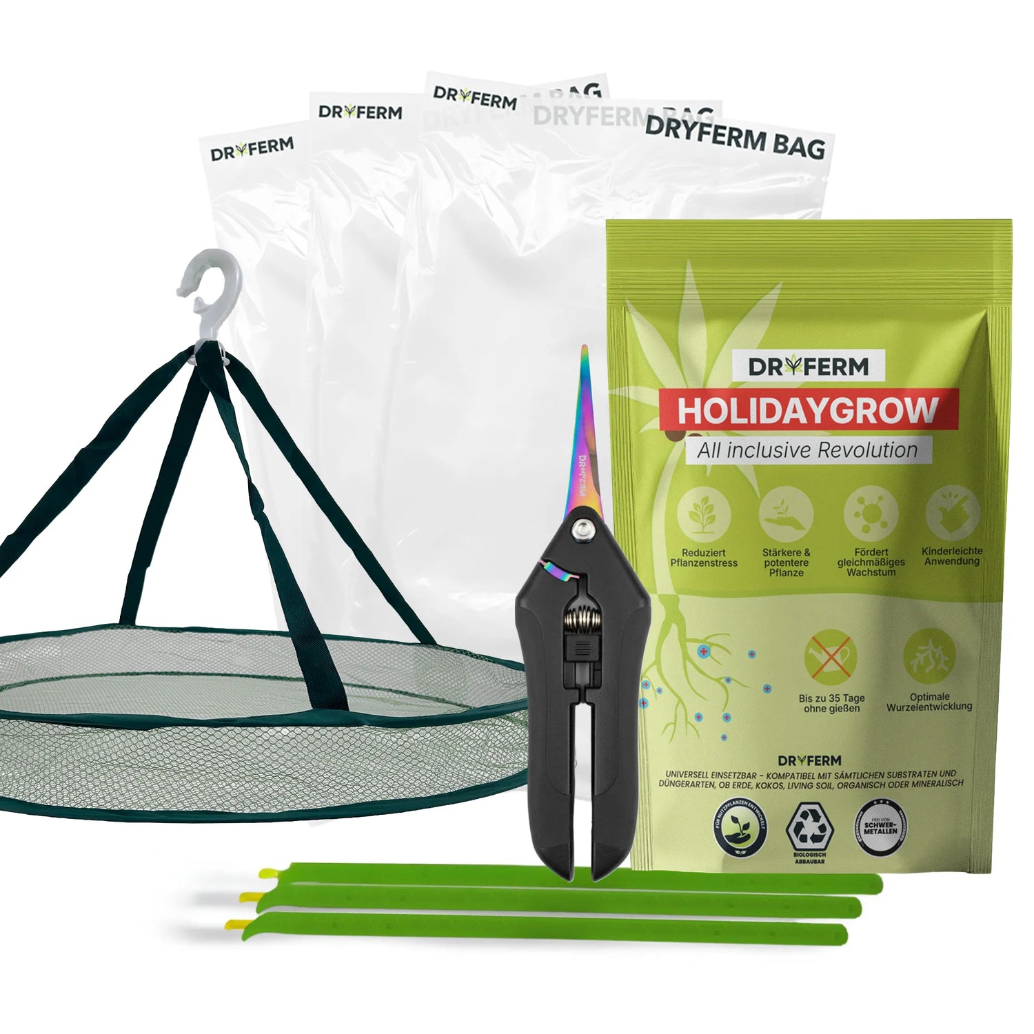 Dryferm All In One Harvest Kit mit 3 Dryferm Bags, 3 Verschlussclips, Trockennetz, Trimmschere und HolidayGrow (KI-generiertes Bild)