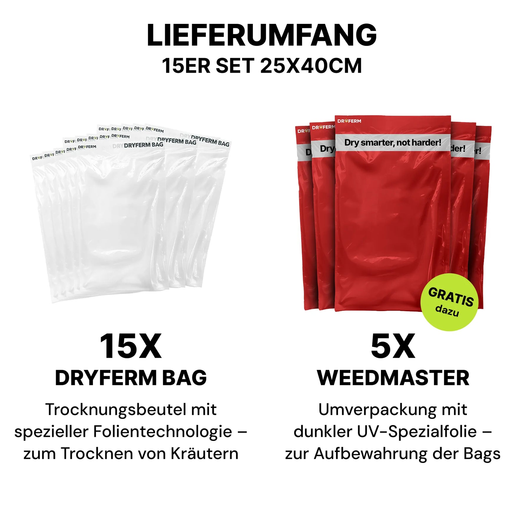 Lieferumfang des Dryferm Bag Starter Sets mit 15x Dryferm Bag und 5x Weedmaster (KI-generiertes Bild)