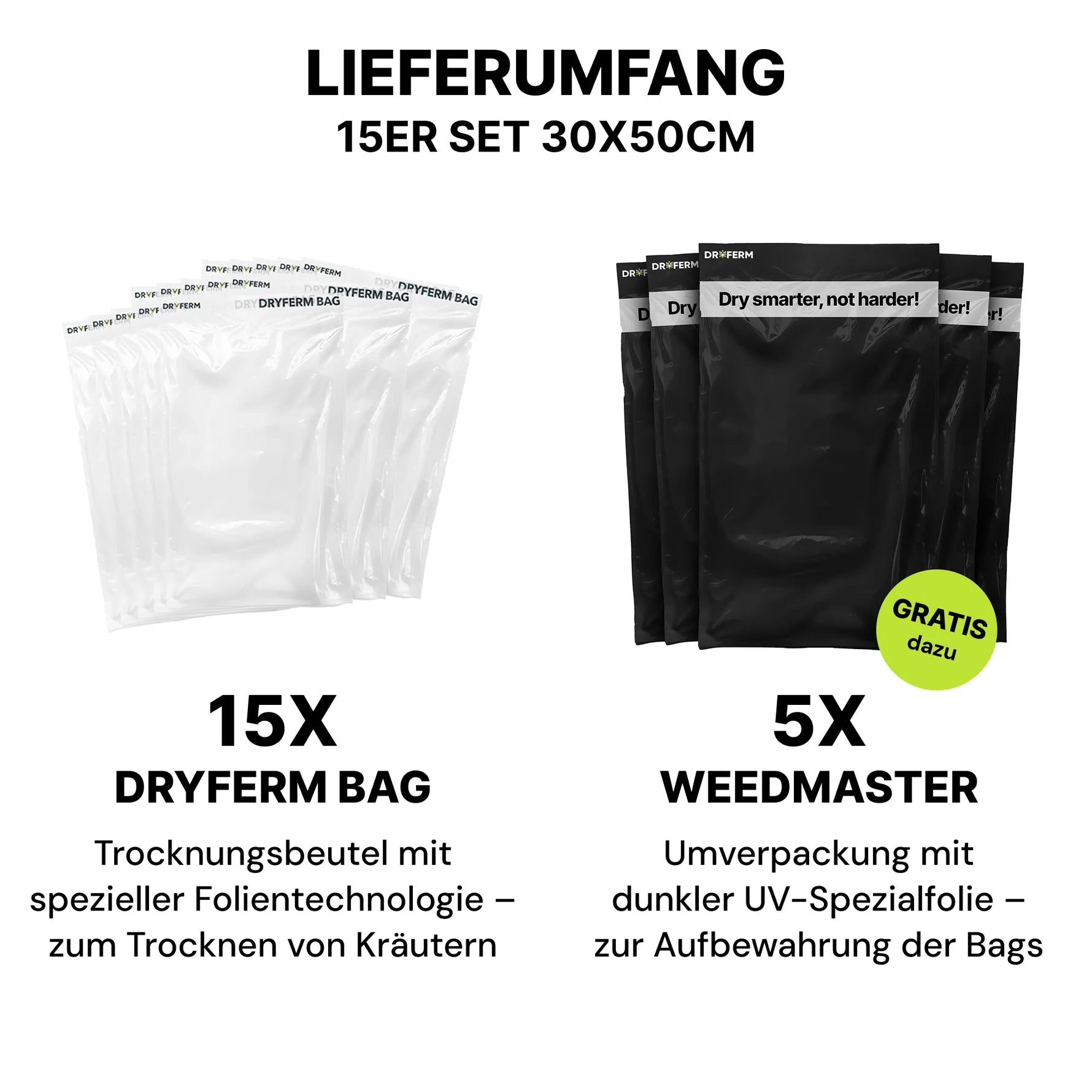 Lieferumfang des Dryferm Bag Starter Sets mit 15x Dryferm Bag und 5x Weedmaster (KI-generiertes Bild)