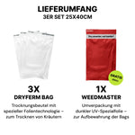 Lieferumfang des Dryferm Bag Starter Sets mit 3x Dryferm Bag und 1x Weedmaster (KI-generiertes Bild)