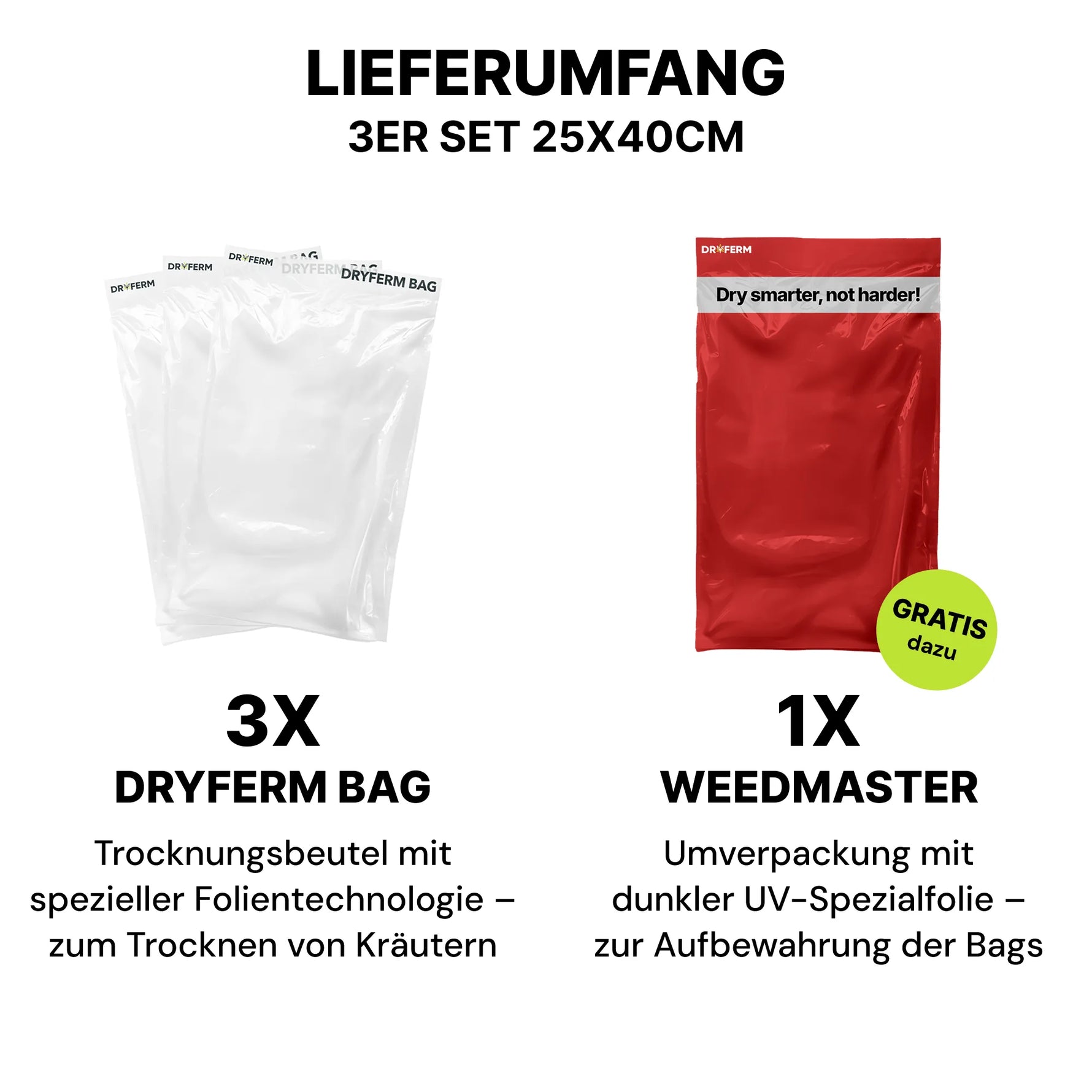 Lieferumfang des Dryferm Bag Starter Sets mit 3x Dryferm Bag und 1x Weedmaster (KI-generiertes Bild)
