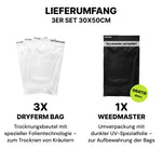 Lieferumfang des Dryferm Bag Starter Sets mit 3x Dryferm Bag und 1x Weedmaster (KI-generiertes Bild)