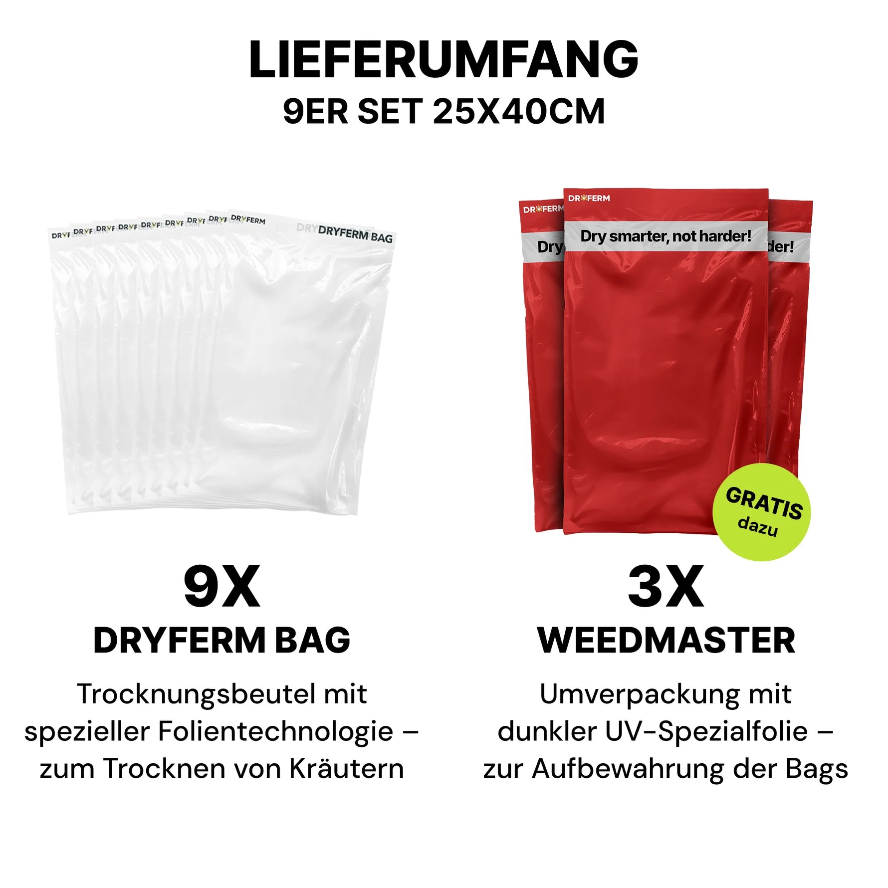 Lieferumfang des Dryferm Bag Starter Sets mit 9x Dryferm Bag und 3x Weedmaster (KI-generiertes Bild)