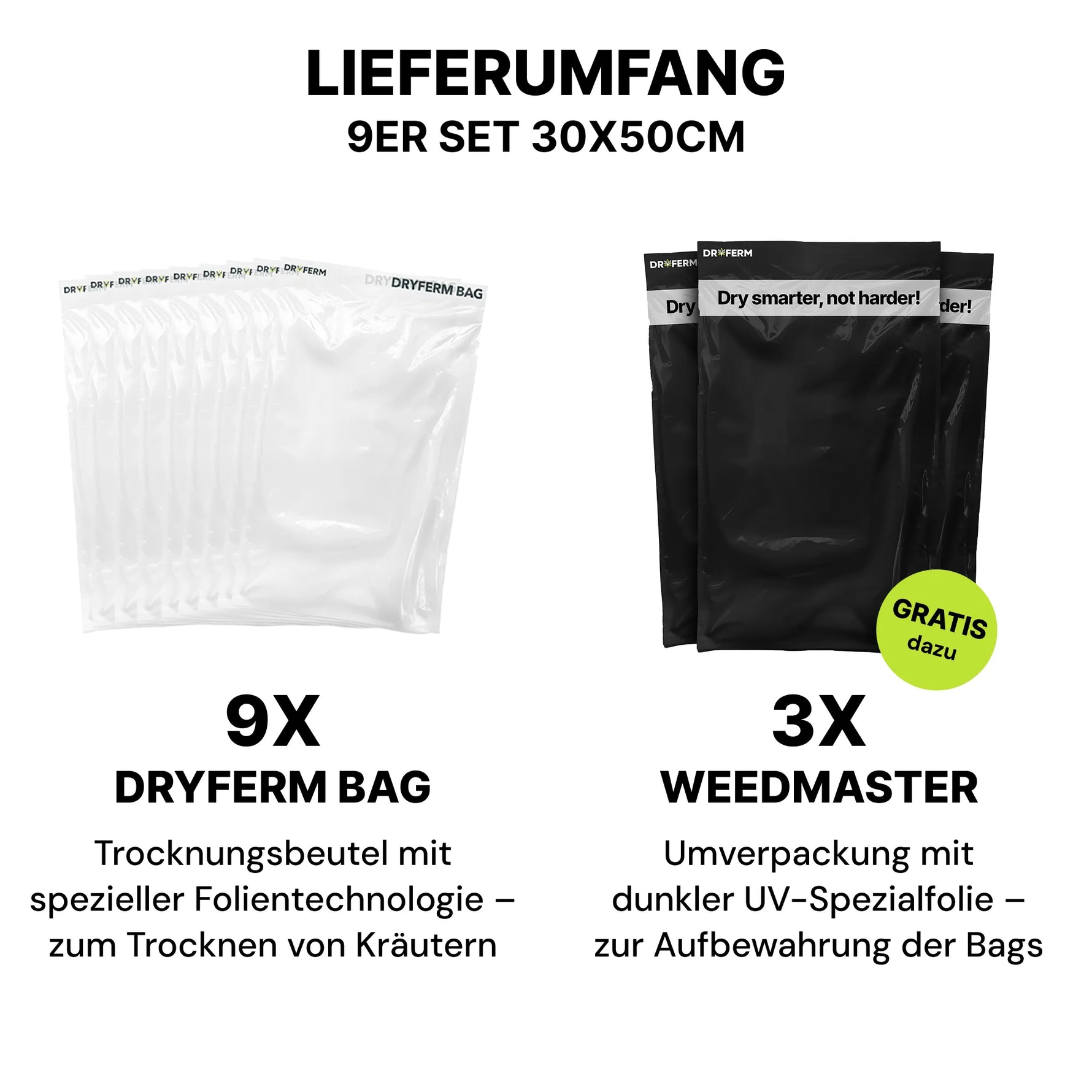 Lieferumfang des Dryferm Bag Starter Sets mit 9x Dryferm Bag und 3x Weedmaster (KI-generiertes Bild)
