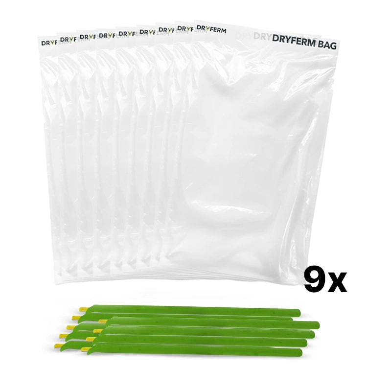 Dryferm Bag Starter Set mit 9 Dryferm Bags und 9 Verschlussclips (KI-generiertes Bild)
