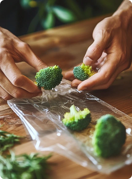 loser brokkoli der in einen dryferm bag verpackt wird zum trocknen