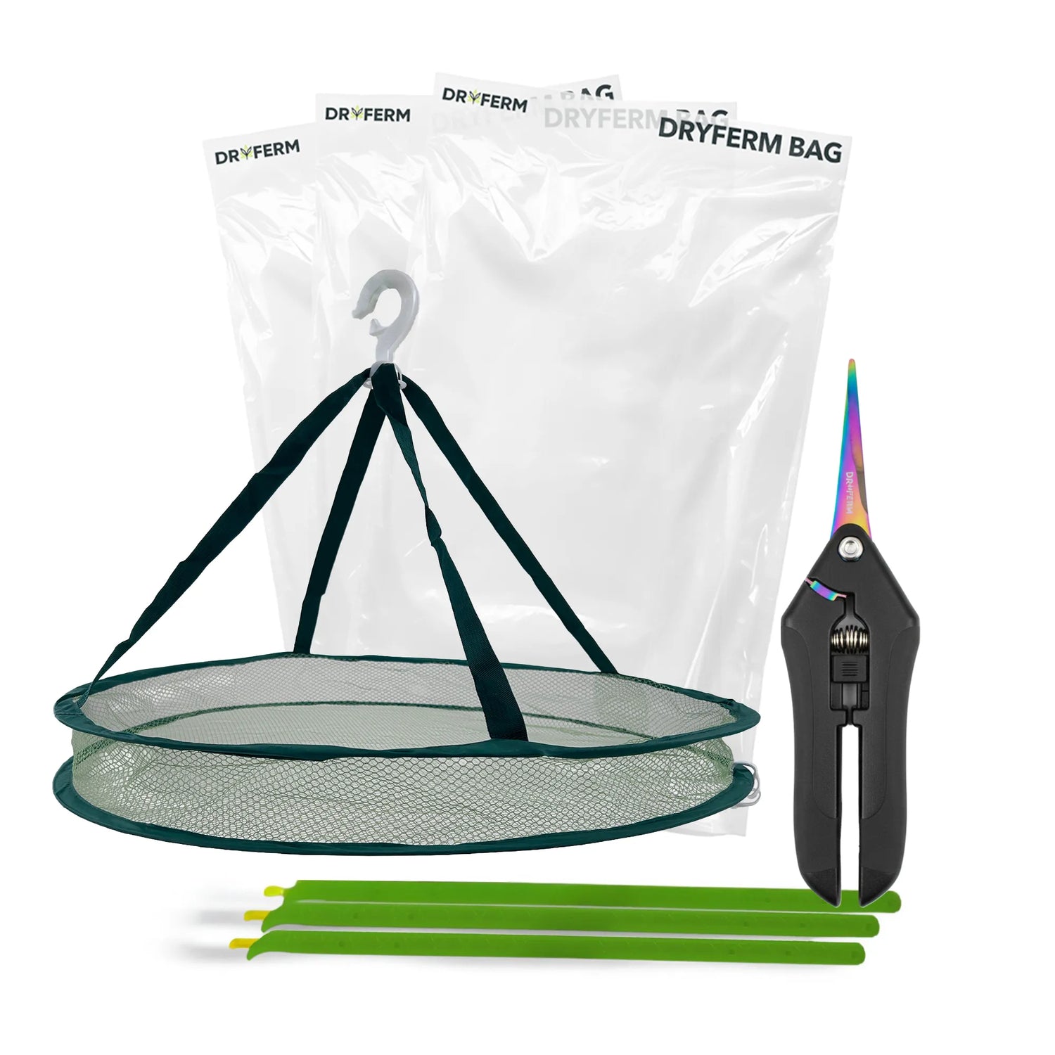 Dryferm Harvest Kit mit 3 Dryferm Bags, 3 Verschlussclips, Trockennetz und Trimmschere (KI-generiertes Bild)