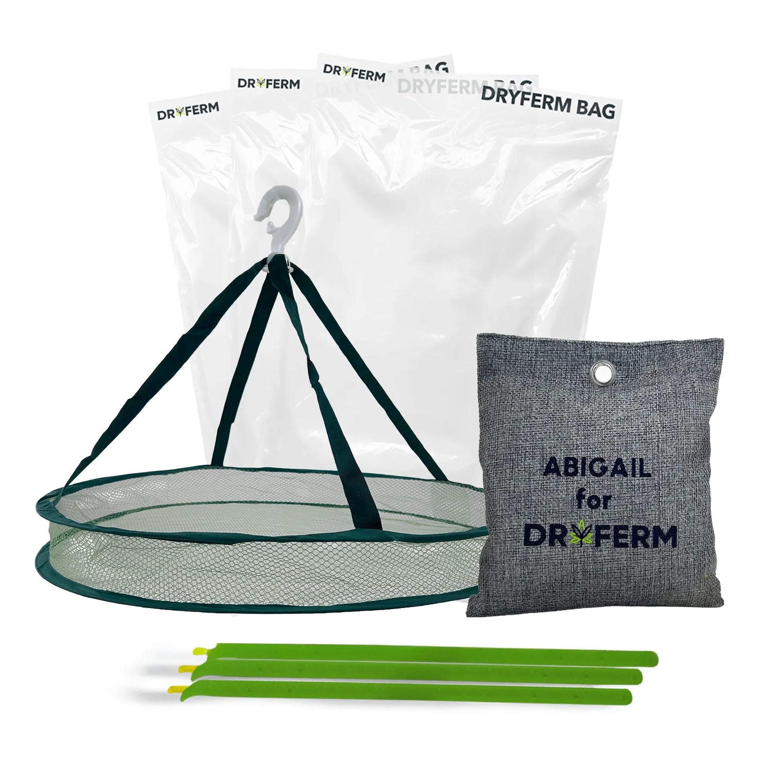 Dryferm Set Abigail mit 3 Dryferm Bags, 3 Verschlussclips, Trockennetz und Abigail (KI-generiertes Bild)
