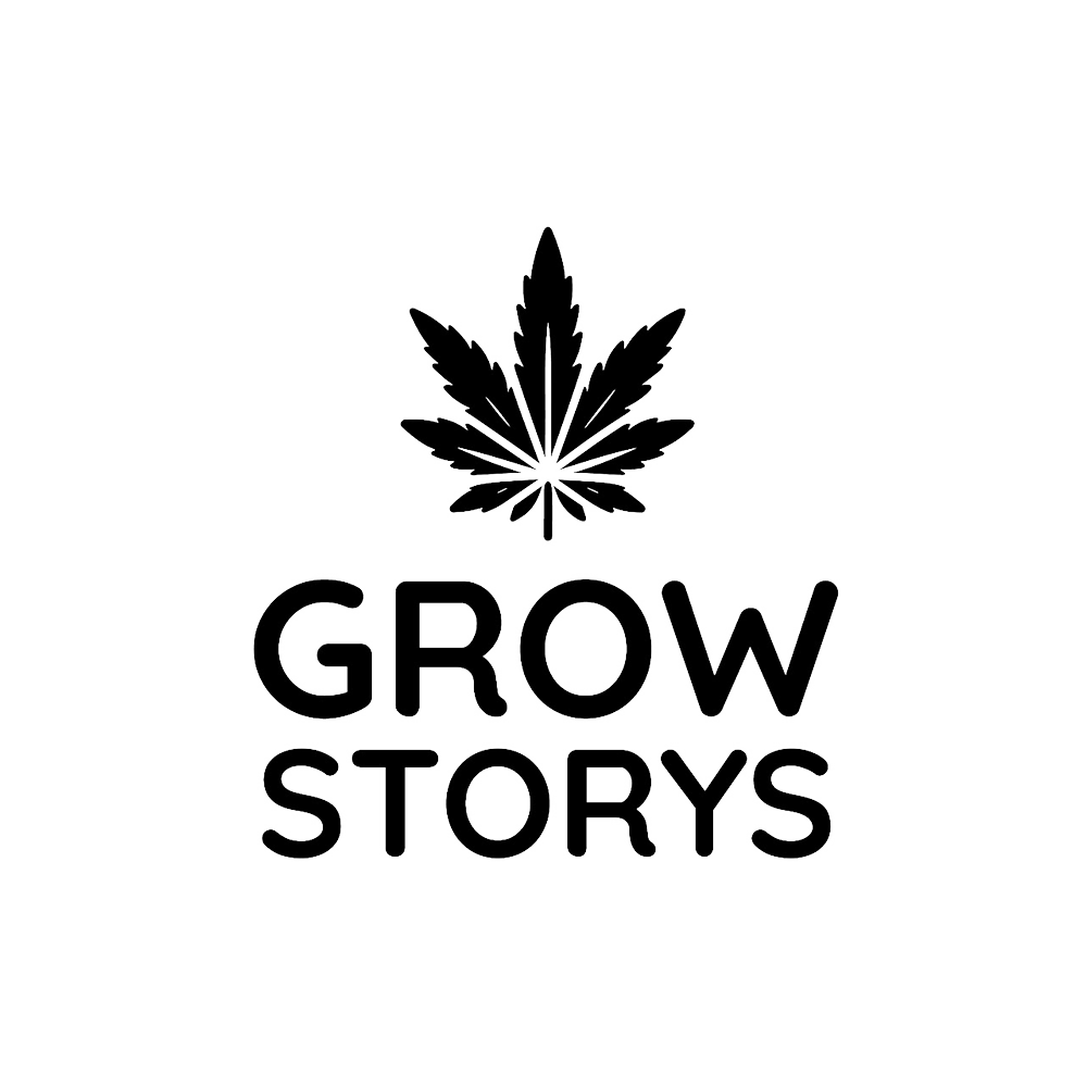 Das Logo von Grow Storys mit blattförmigem Icon und schwarzem Text.